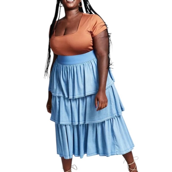 Goo Goo For Bar III Plus Size Tiered Chambray Ruffle Maxi Skirt Size 18W - Picture 1 of 5